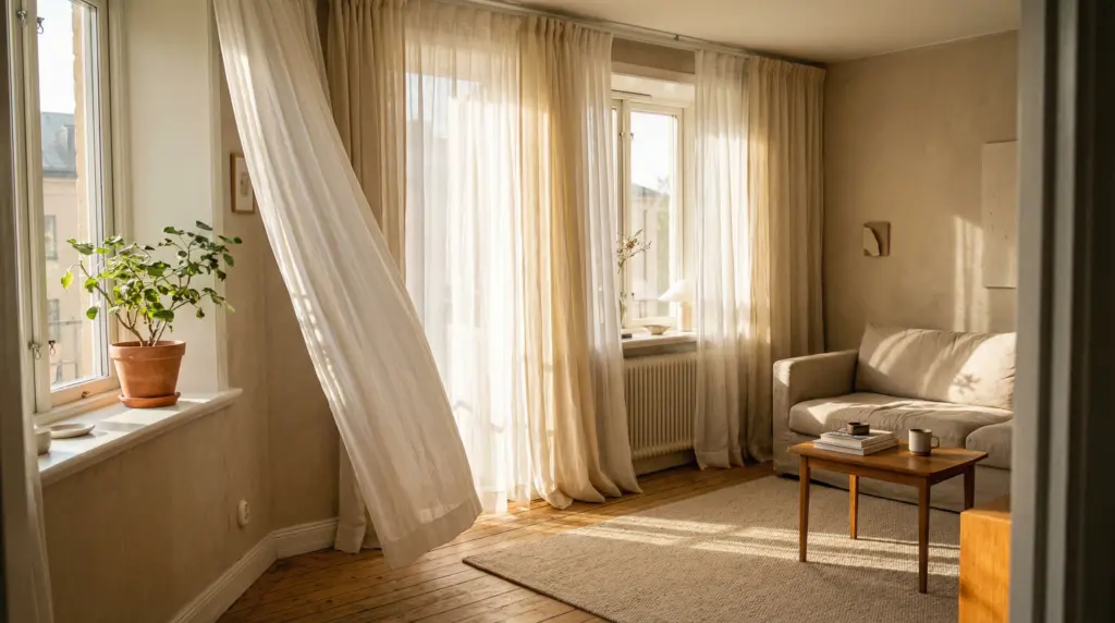 A small but bright apartment living room with floor-to-ceiling linen curtains hung close to the ceiling, extending past the window frame on both sides, white/cream fabric, sheer and light. Natural morning light pouring in. Cozy minimalist vibe, beige walls, a small plant on the windowsill. Aesthetic lifestyle photography.