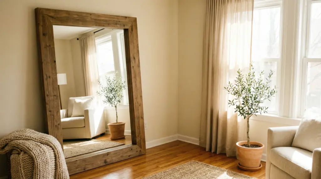 A large leaning mirror in the corner of a small, cozy apartment living room, reflecting natural light and a window with sheer curtains. Warm neutral tones, beige walls, a small plant beside the mirror, hardwood floor. The room looks bright and spacious. Pinterest aesthetic lifestyle photography.