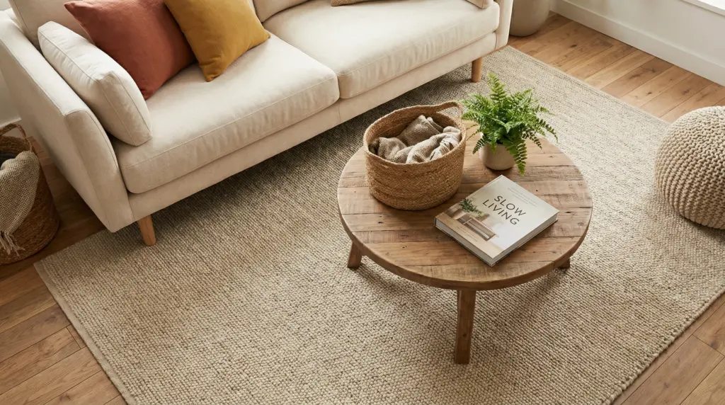 A cozy small apartment living area clearly defined by a large neutral area rug under a cream-colored sofa and wooden coffee table. Warm tones, the rug extends under the front legs of the sofa. A woven basket, a small plant, and a coffee table book visible. Aerial angle showing the zone definition. Pinterest home decor aesthetic.

