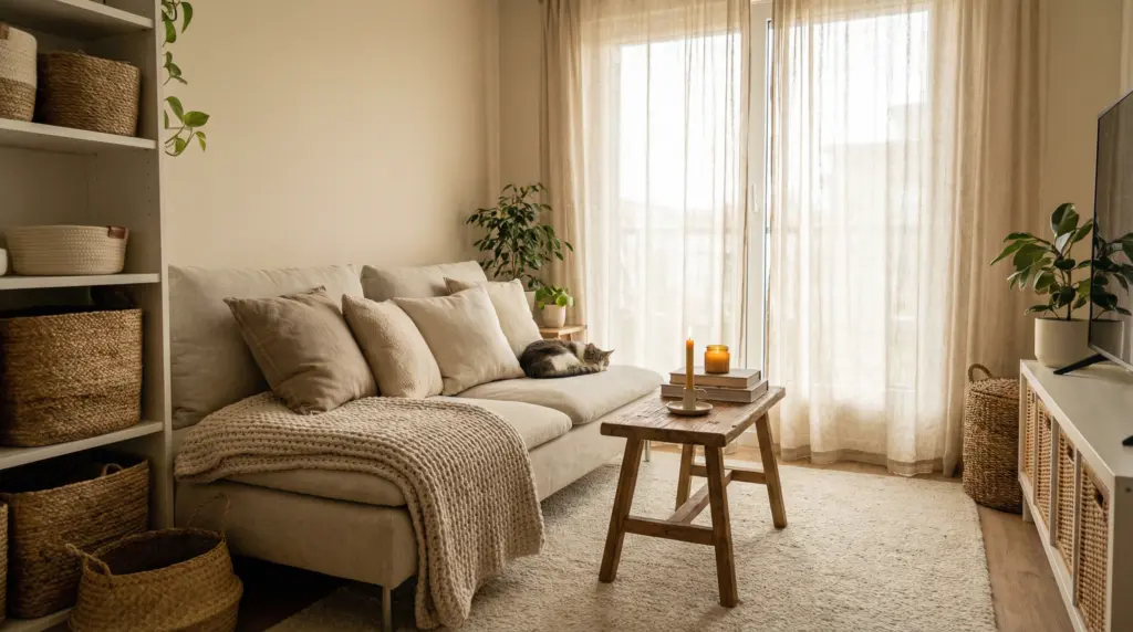 A cozy, minimalist small apartment living room with warm beige and cream tones, natural light streaming through sheer linen curtains, woven baskets for storage, a low-profile sofa with neutral throw pillows, a small wooden coffee table with a candle and a few books. Shot from a wide angle to show the full room. Aesthetic: warm Pinterest lifestyle, real apartment, not a showroom. Canon camera, soft natural light.