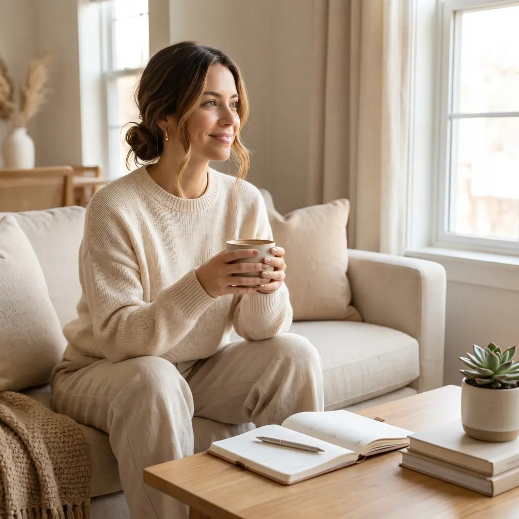 Cozy Sunday afternoon in a warm minimalist apartment, soft neutral tones, beige and cream decor, natural window light, a brunette woman in her early 30s wearing a cream sweater and relaxed linen pants