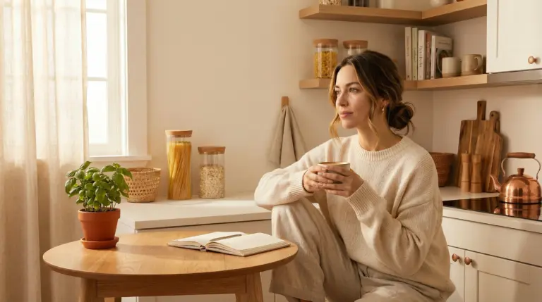A warm, cozy early morning apartment scene. A 34-year-old brunette woman in a cream oversized sweater and linen pants sitting at a small wooden kitchen table, holding a ceramic coffee mug with both hands, soft golden morning light coming through sheer curtains. A journal and a pen on the table beside her. Calm, intentional mood. Pinterest lifestyle aesthetic, Canon camera style, warm neutral tones.