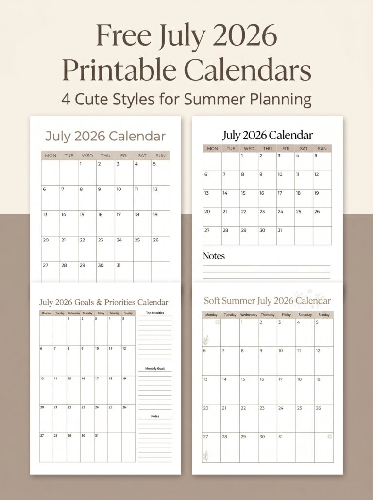 Free July 2026 Printable Calendars in 4 Cute Styles