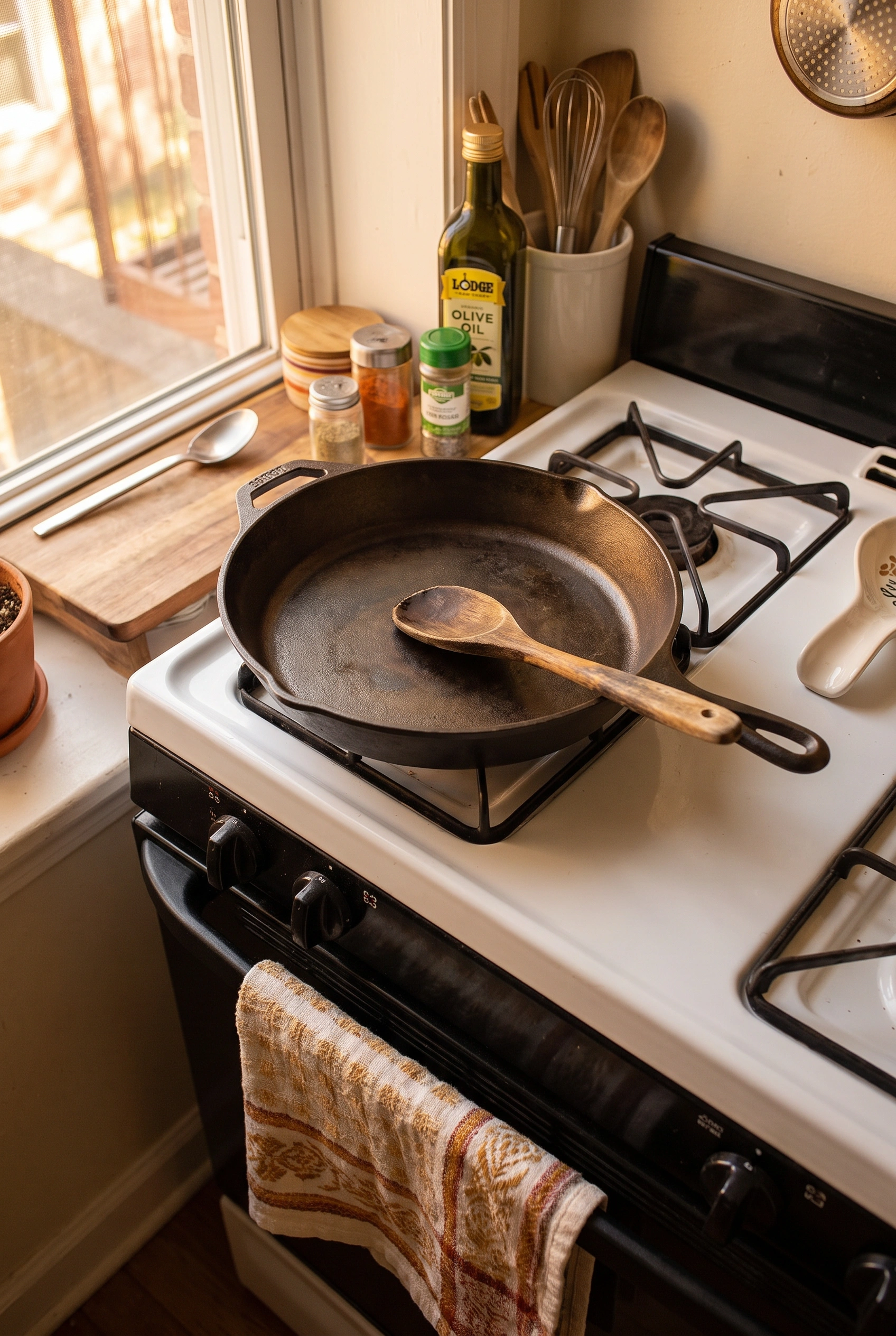 Black cast iron skillet on an apartment stovetop with a wooden spoon resting inside