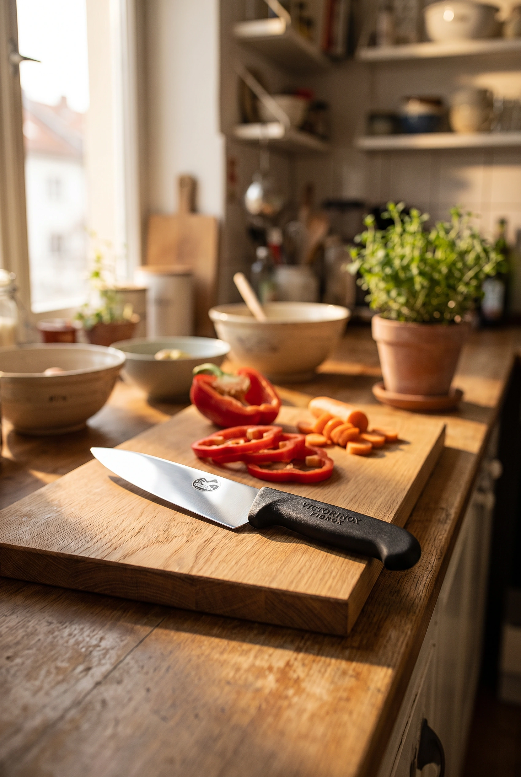 Black-handled chef's knife resting on a wooden cutting board with sliced vegetables