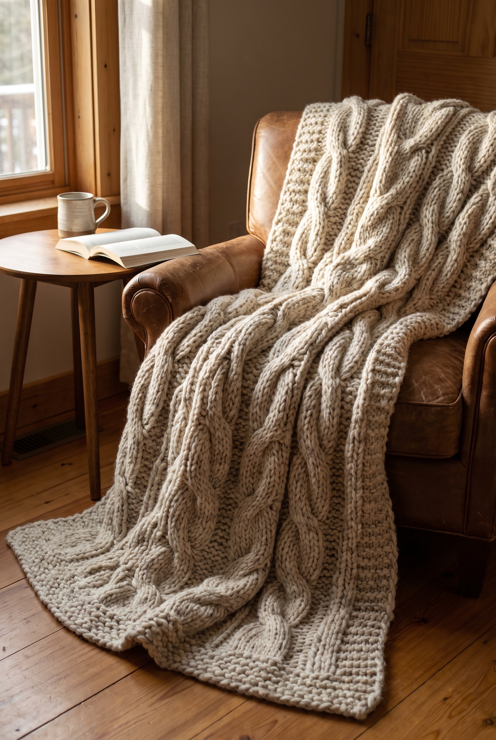 Cream chunky cable knit throw blanket draped over an armchair beside a book and mug