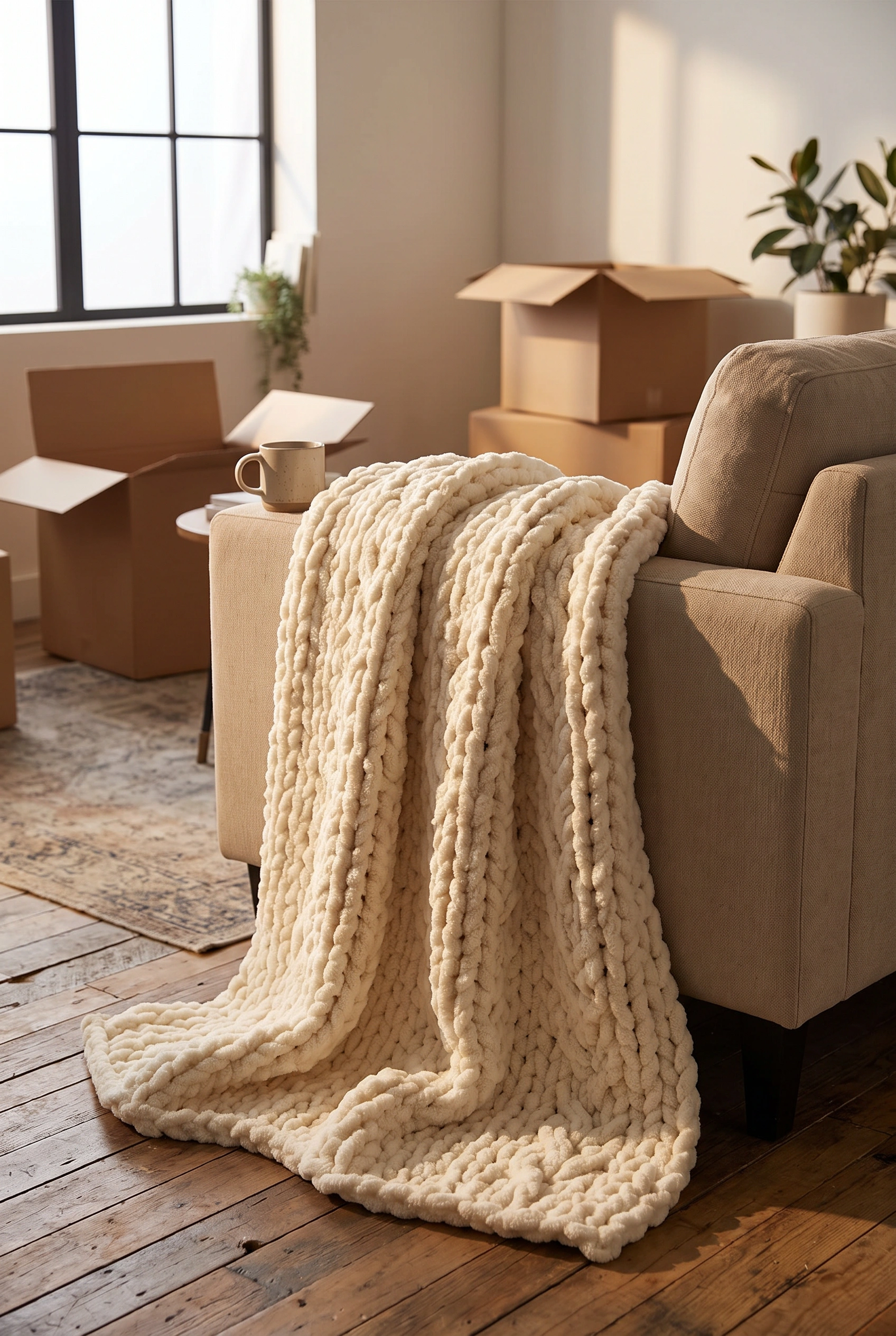 Cream chunky cable knit throw blanket draped over the arm of a sofa in a sparsely furnished apartment