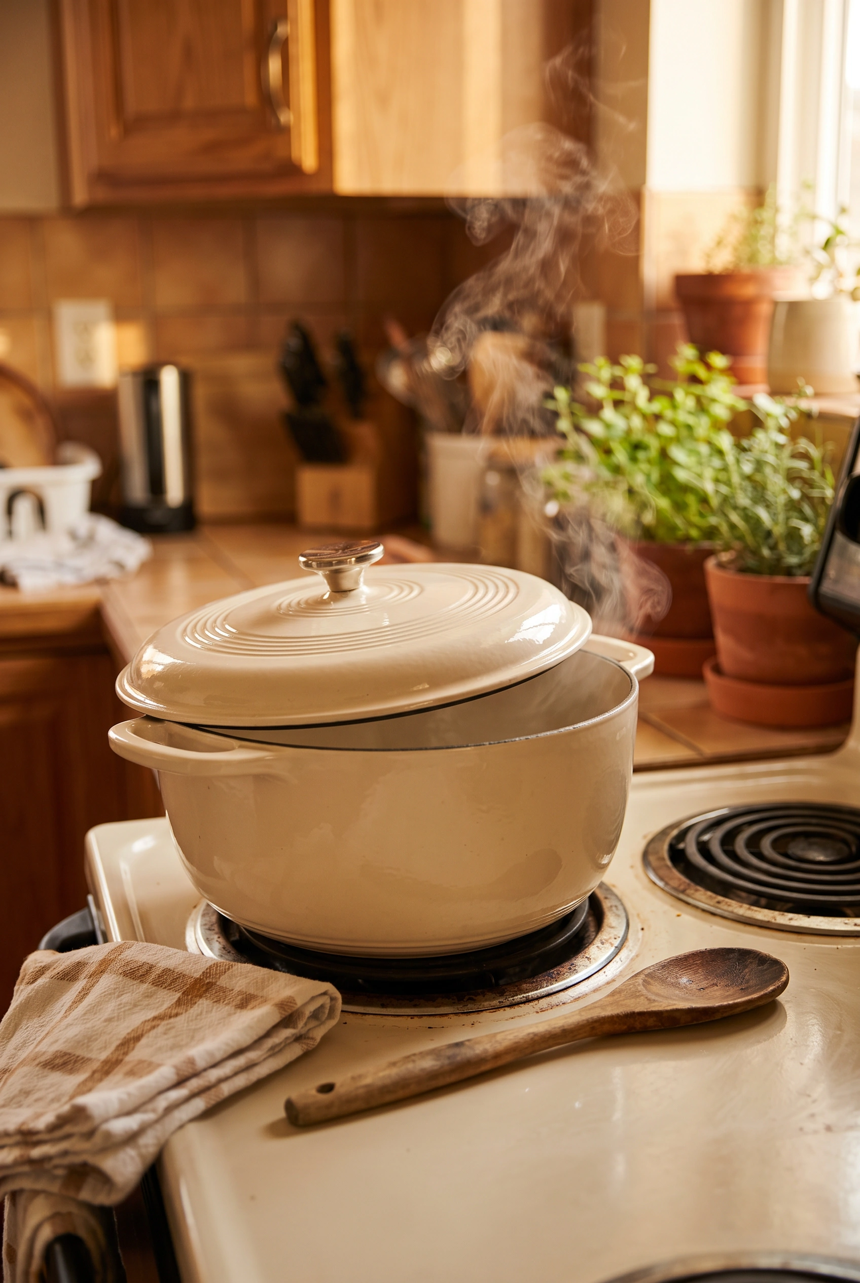 Cream enameled cast iron Dutch oven steaming on an apartment stovetop beside a wooden spoon