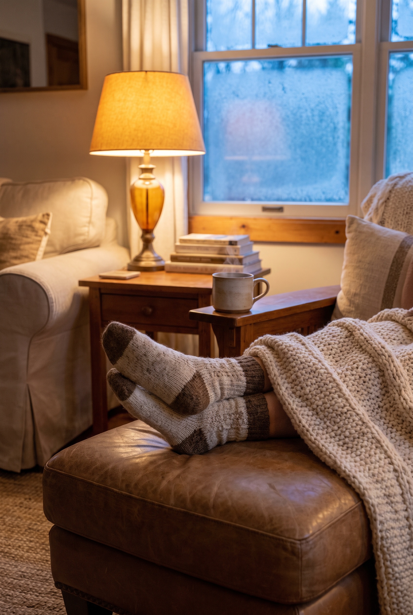 Feet in thick wool socks under a chunky knit blanket beside a steaming mug on a winter evening