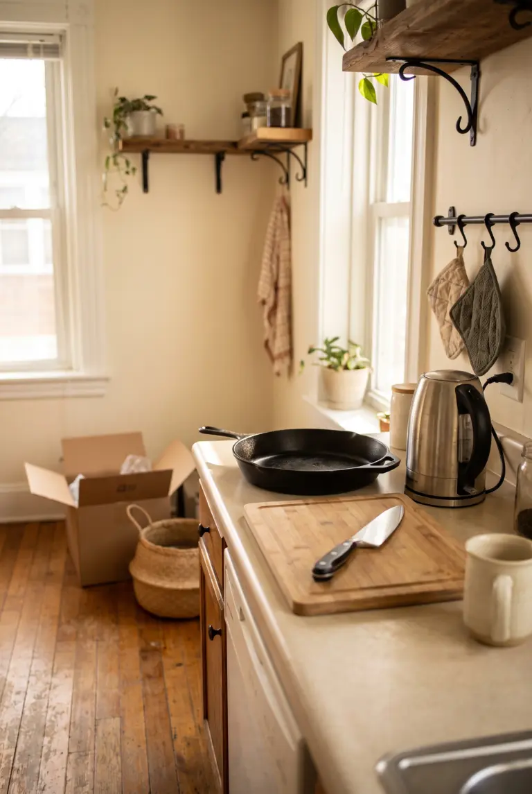 First apartment kitchen counter with a cast iron skillet, cutting board, chef's knife and electric kettle among moving boxes