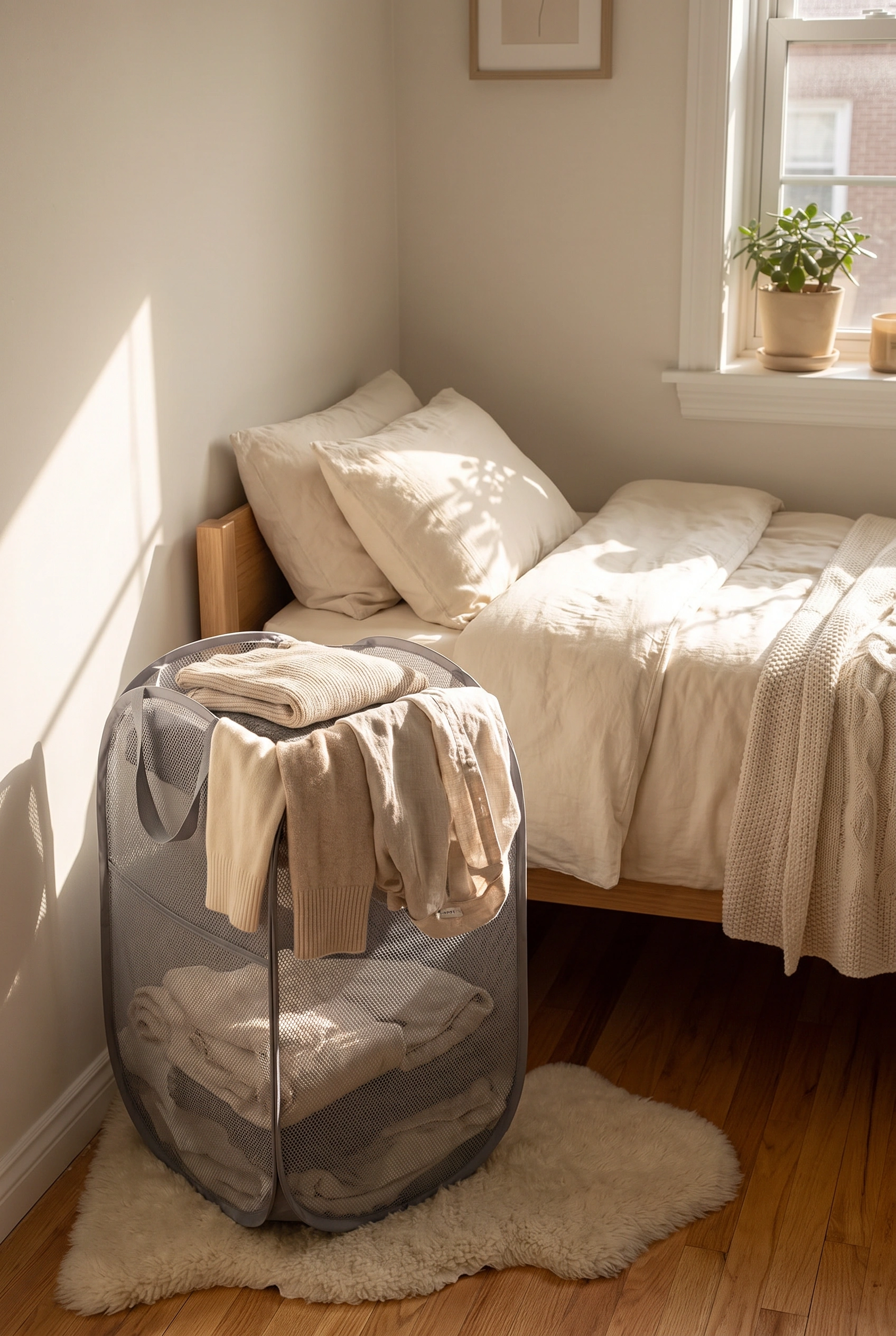 Grey collapsible mesh pop-up laundry hamper in the corner of a small apartment bedroom