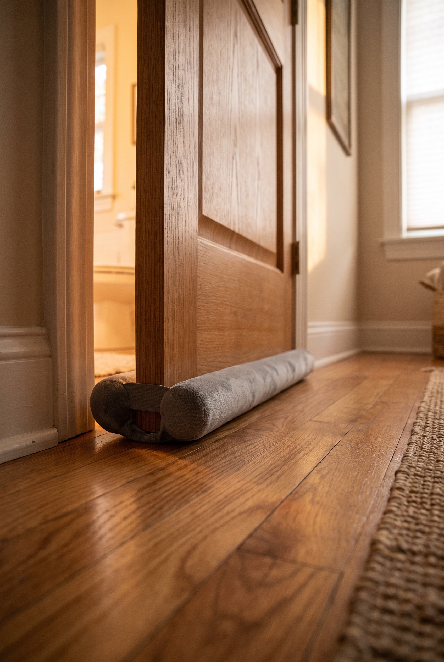 Grey fabric draft stopper fitted along the bottom of an interior door on a wooden floor
