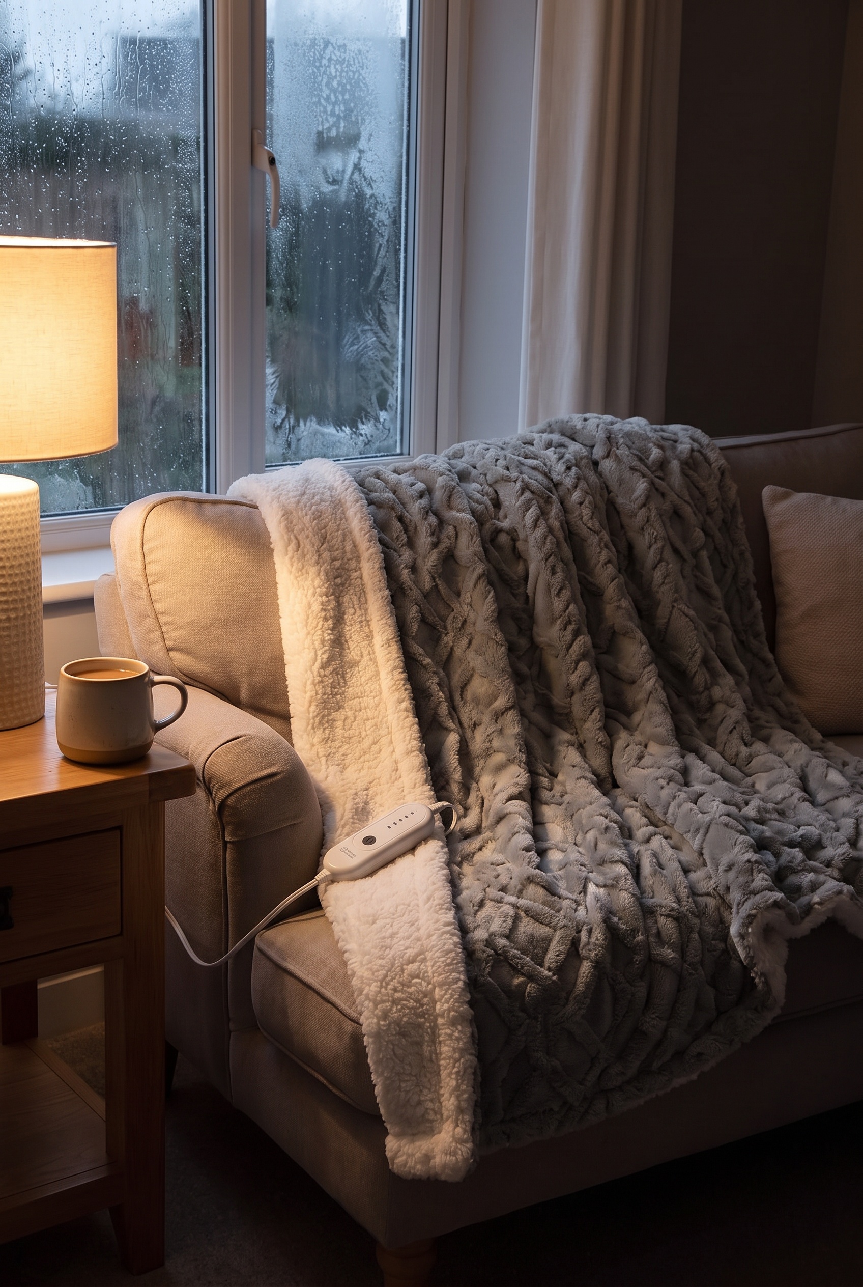 Grey sherpa heated throw blanket draped over a sofa with its controller resting on the cushion