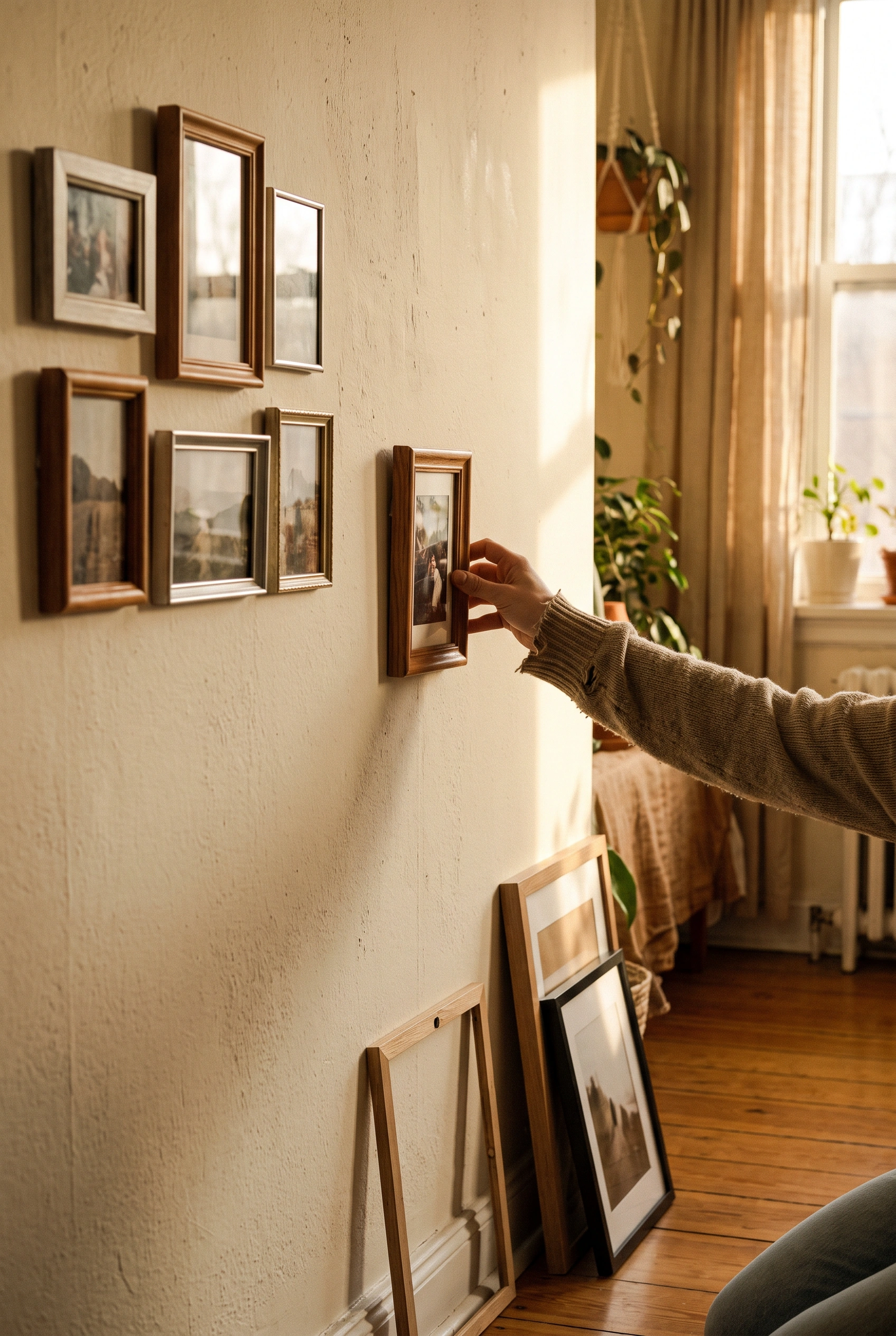 Hand pressing a picture frame onto an apartment wall beside a partly finished gallery wall