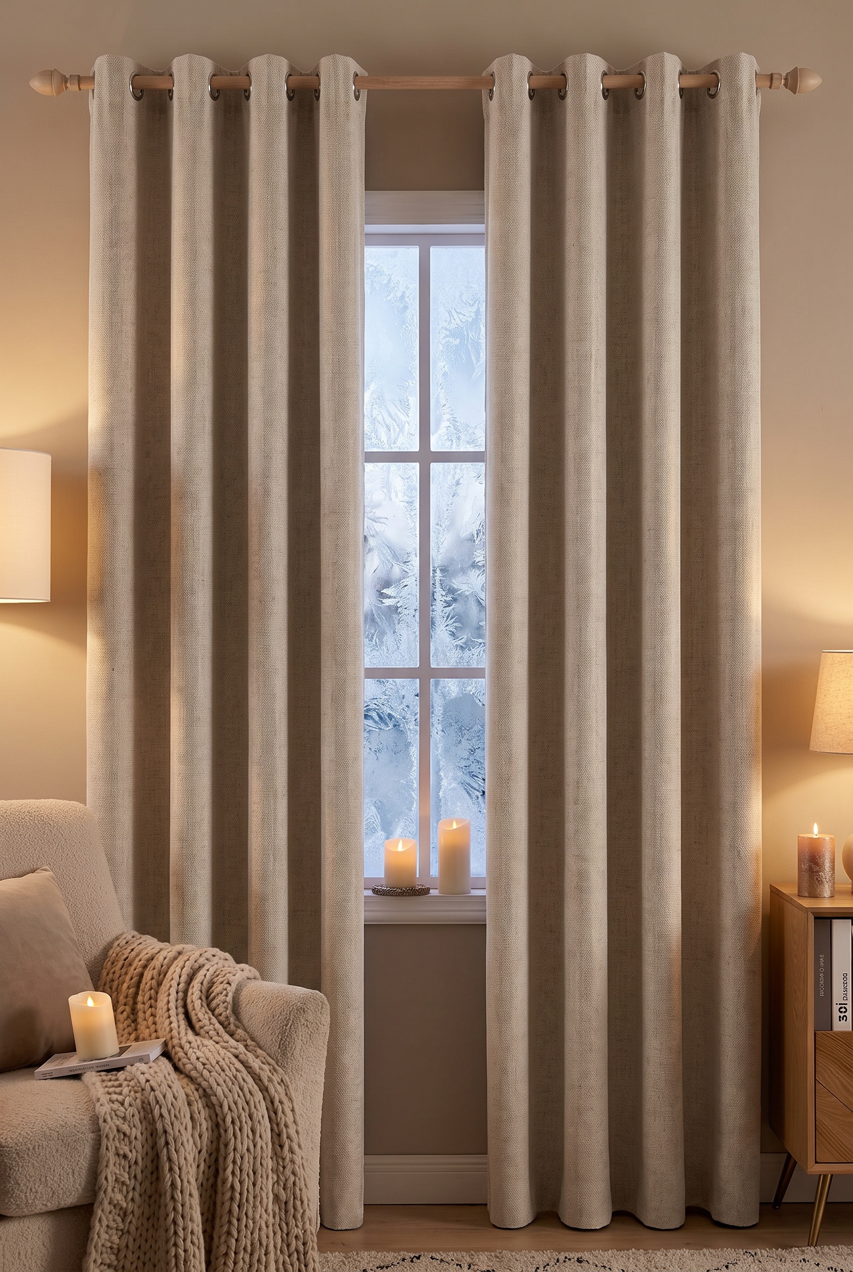 Heavy beige linen textured curtains hanging beside a frosted window on a winter day
