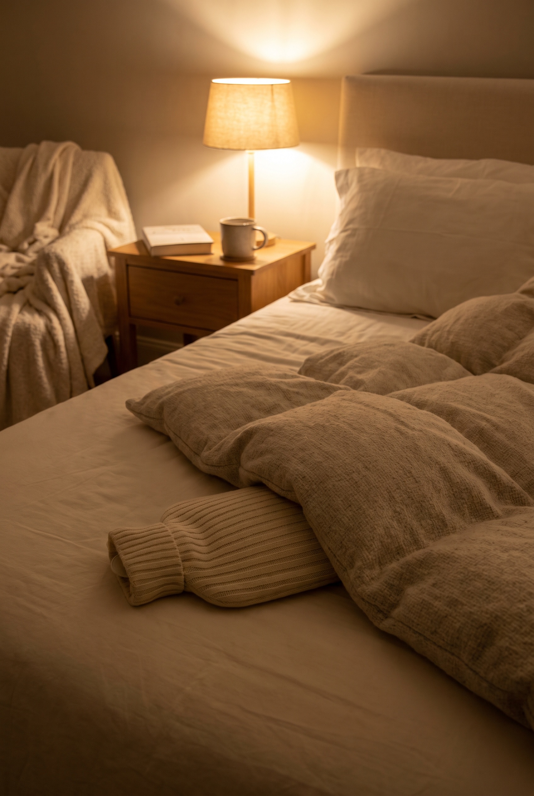 Hot water bottle in a cream knit cover tucked under a duvet on a bed with a warm bedside lamp