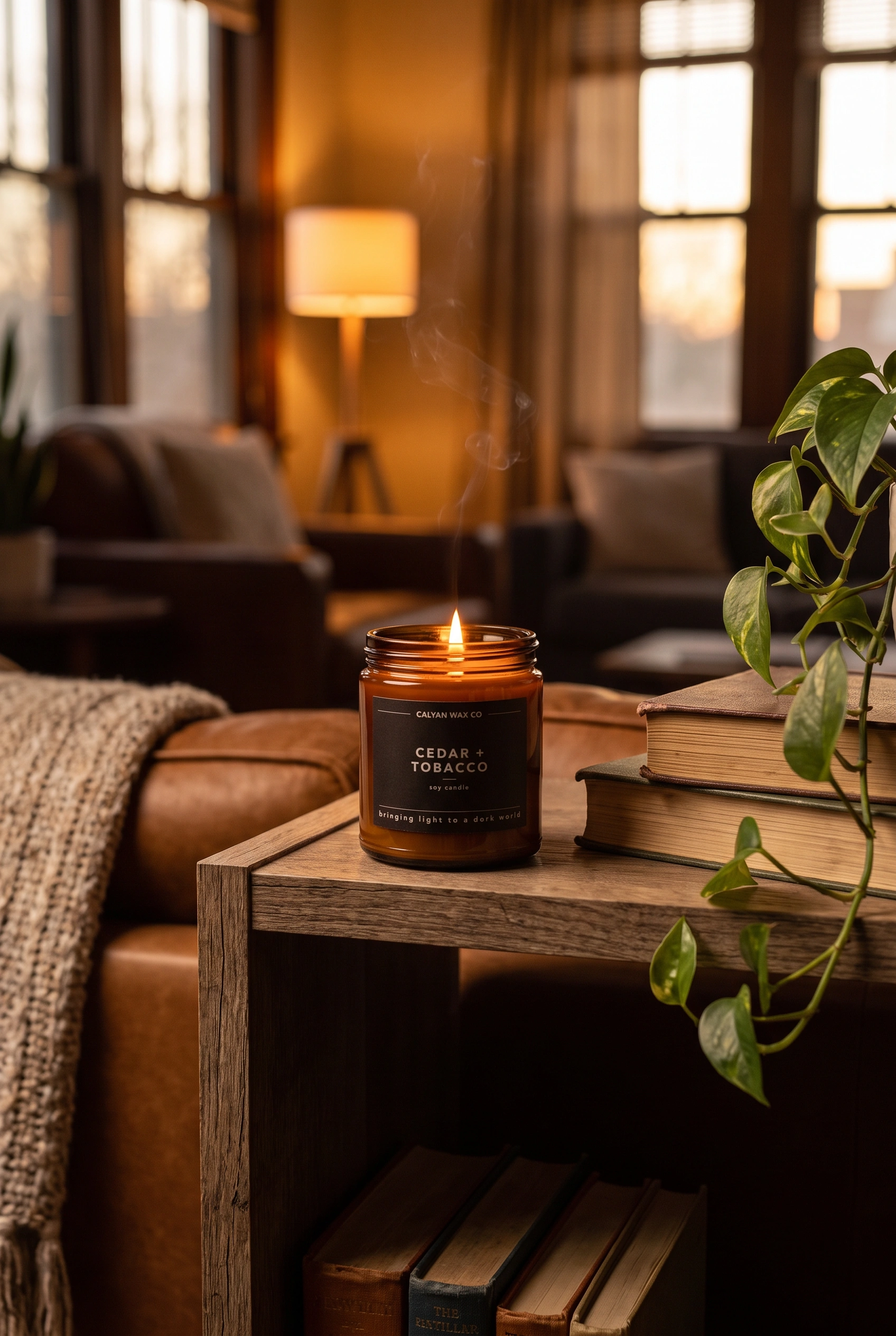 Lit soy candle in an amber glass jar on a wooden shelf beside books and a small plant