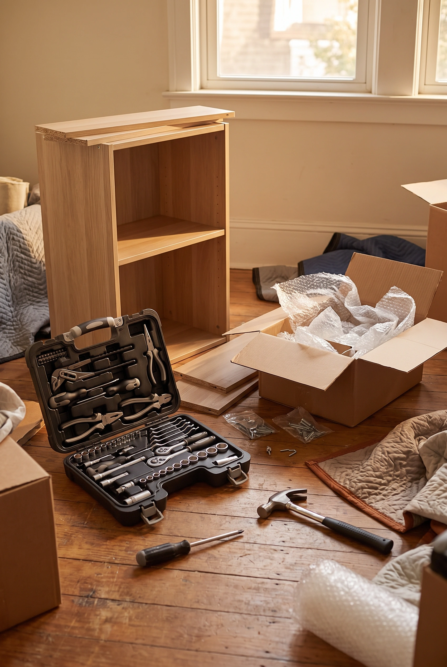 Open household tool kit case on the floor beside flat-pack furniture and moving boxes