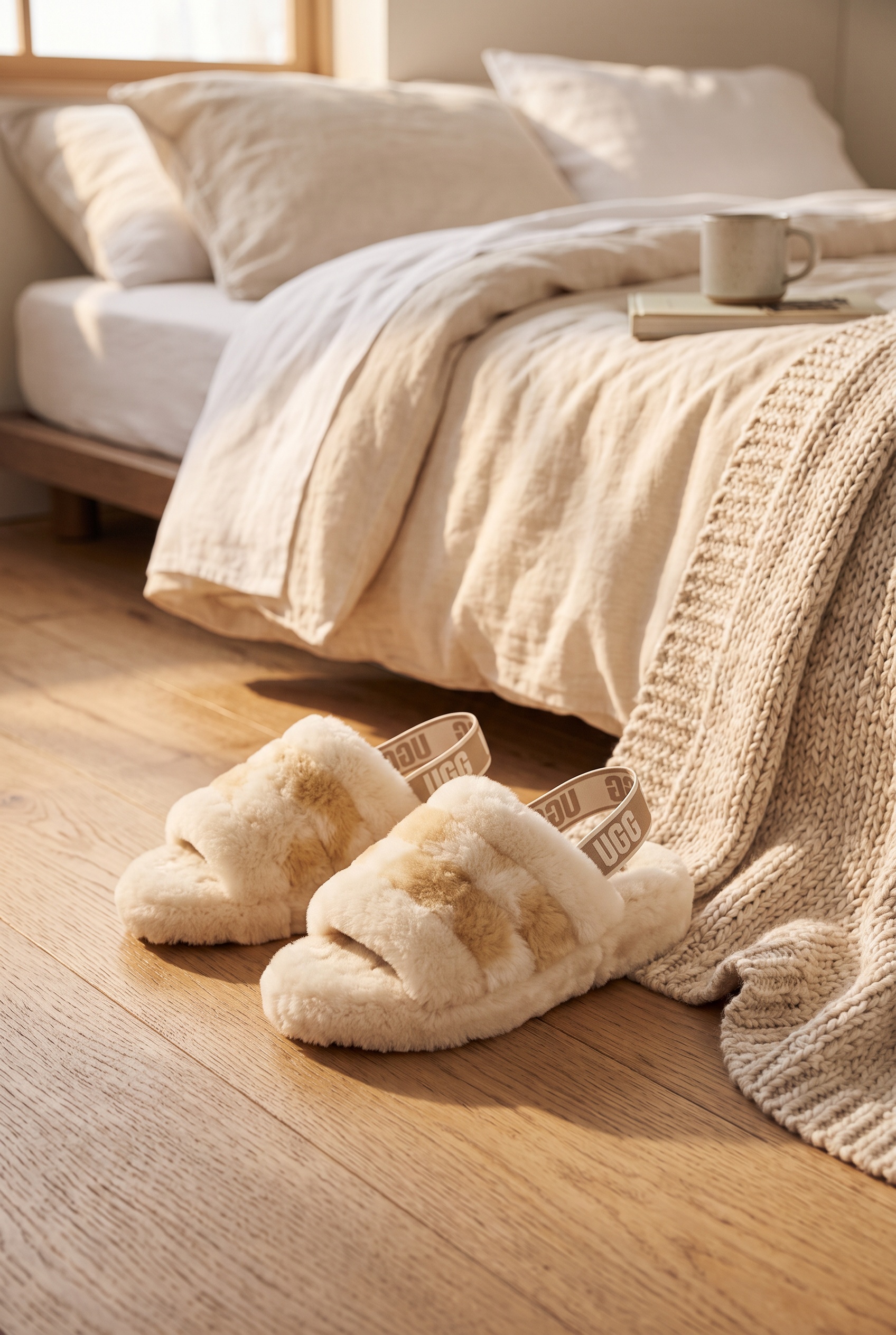 Pair of cream sheepskin slide slippers on a wooden floor beside a knit blanket
