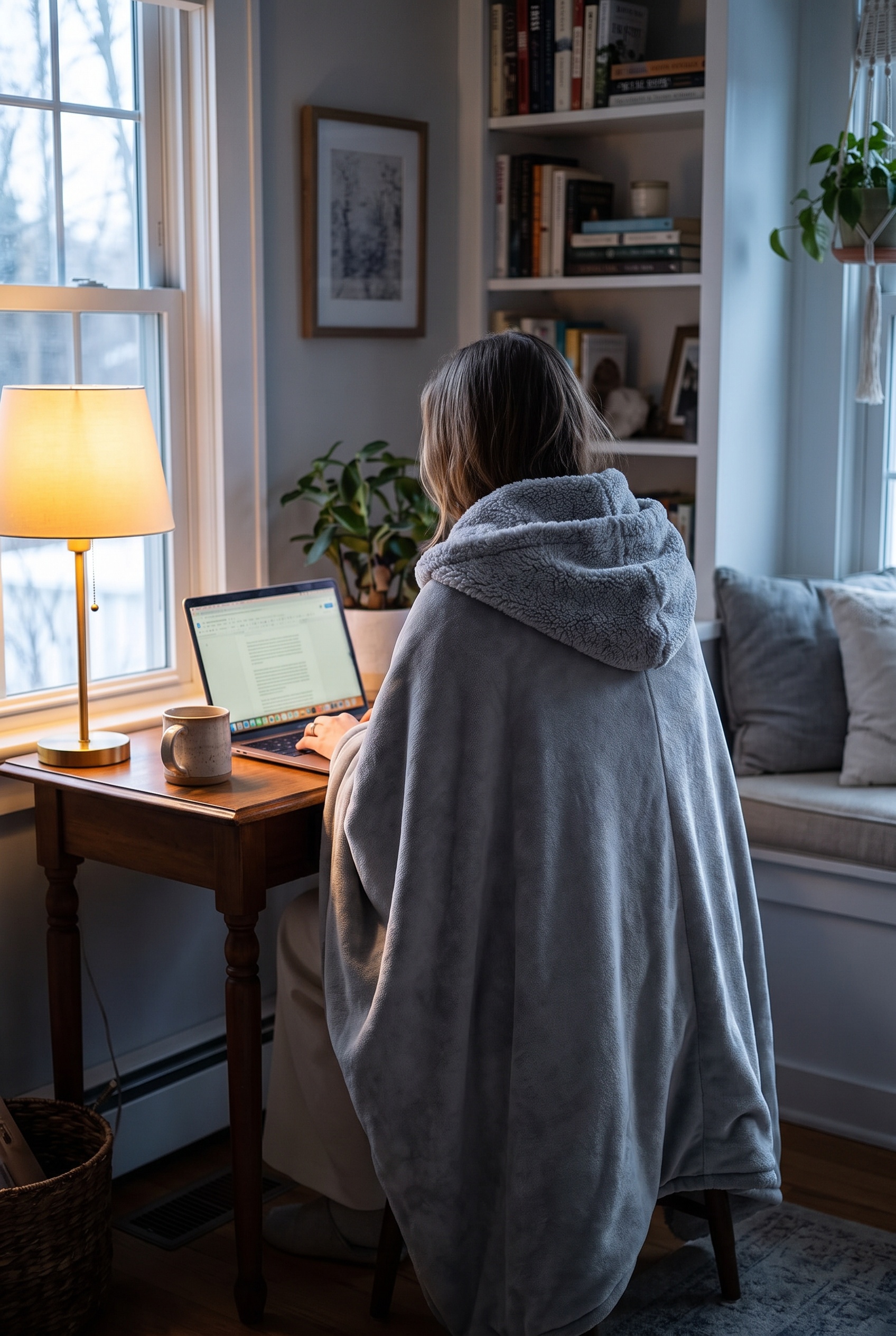 Person wrapped in a grey wearable heated shawl sitting at a desk with a laptop and mug