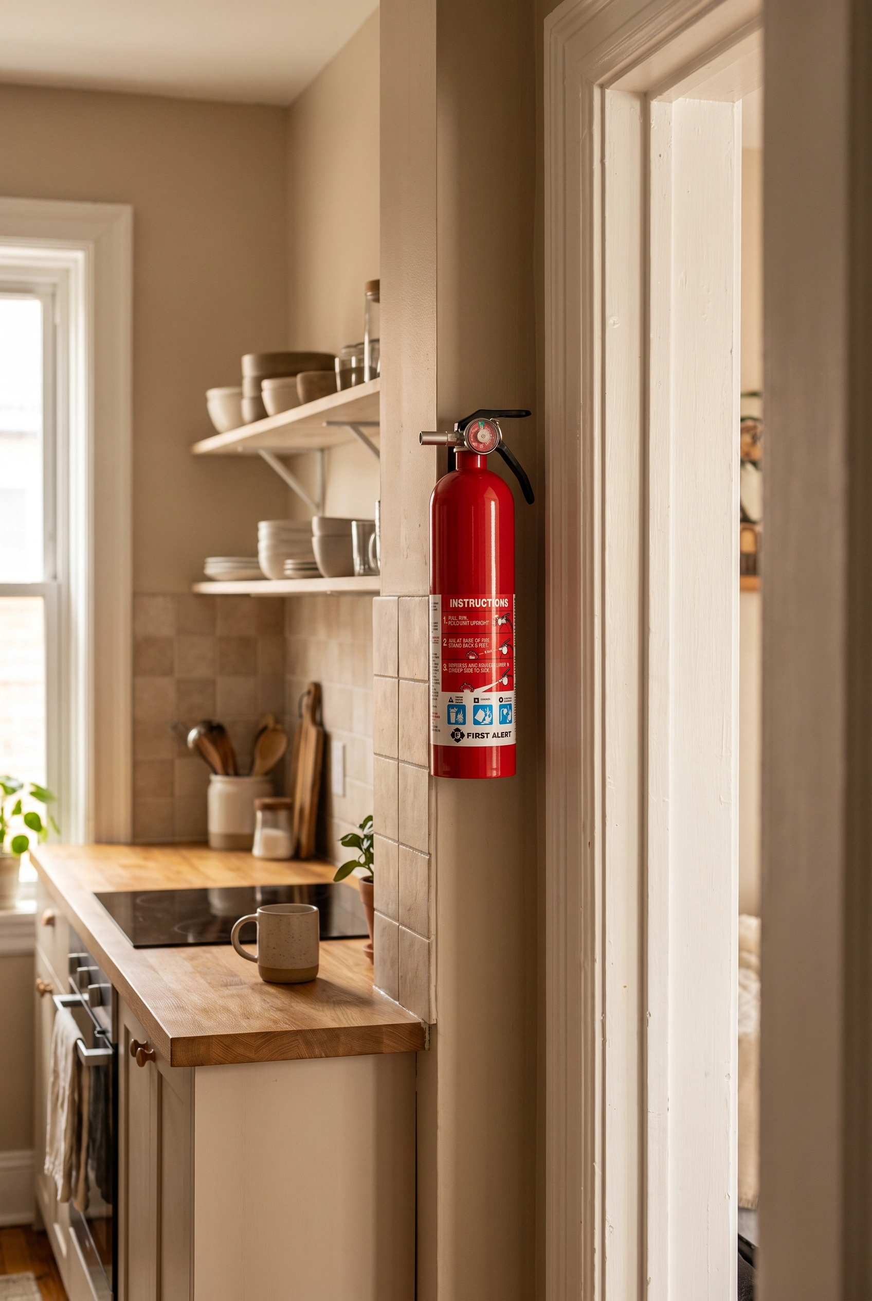 Red home fire extinguisher mounted on an apartment kitchen wall near the doorway