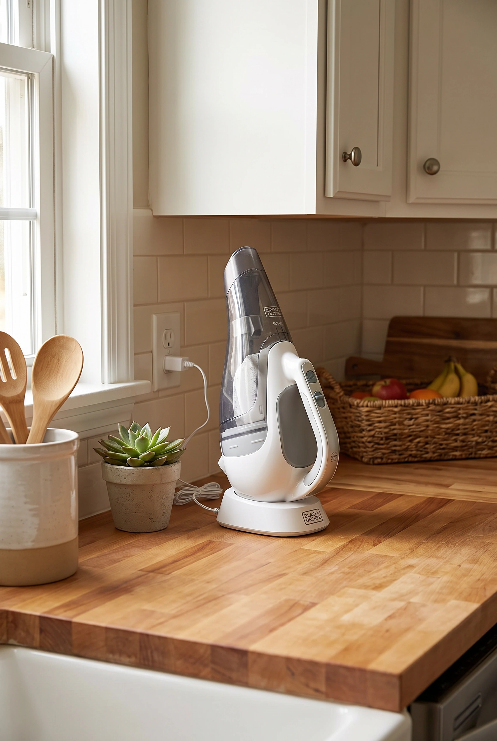 Small cordless handheld vacuum on its charging base on a tidy apartment kitchen counter]