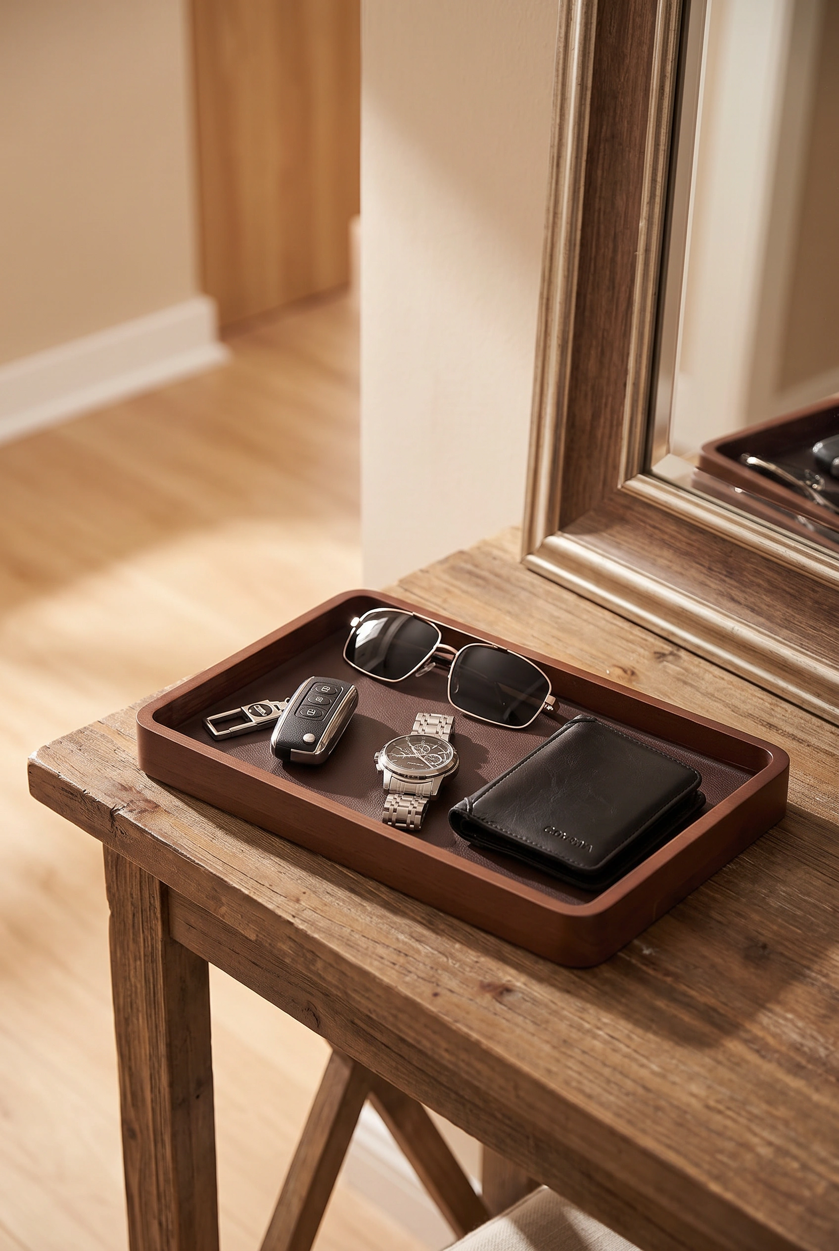 Small dark wood valet tray holding keys and a wallet on a console table by the front door