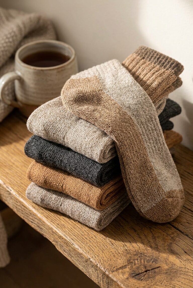 Stack of folded thick merino wool socks in oatmeal, charcoal and rust tones on a wooden surface