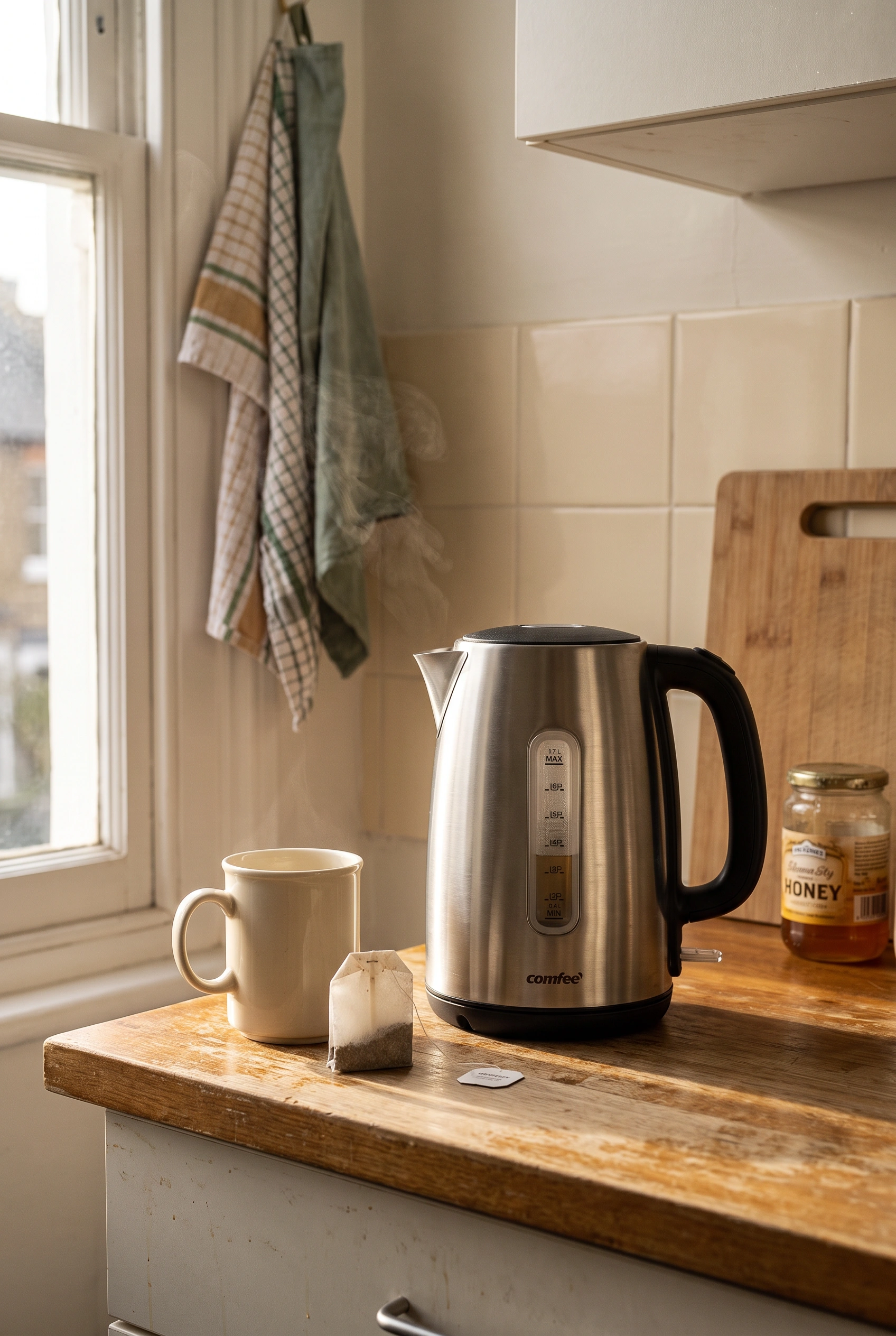 Stainless steel electric kettle steaming on an apartment kitchen counter beside a ceramic mug