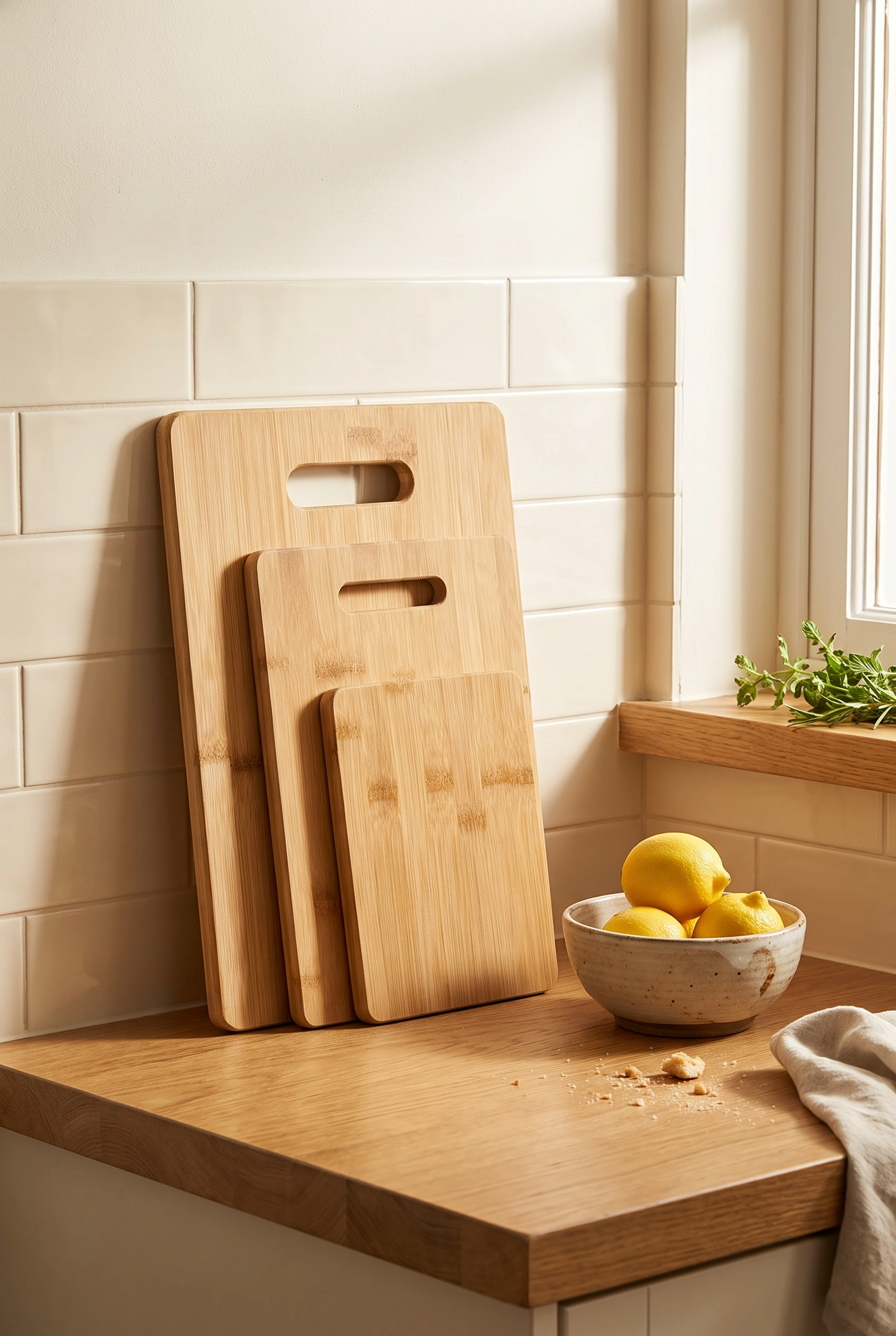 Three bamboo cutting boards in graduated sizes leaning against a kitchen backsplash