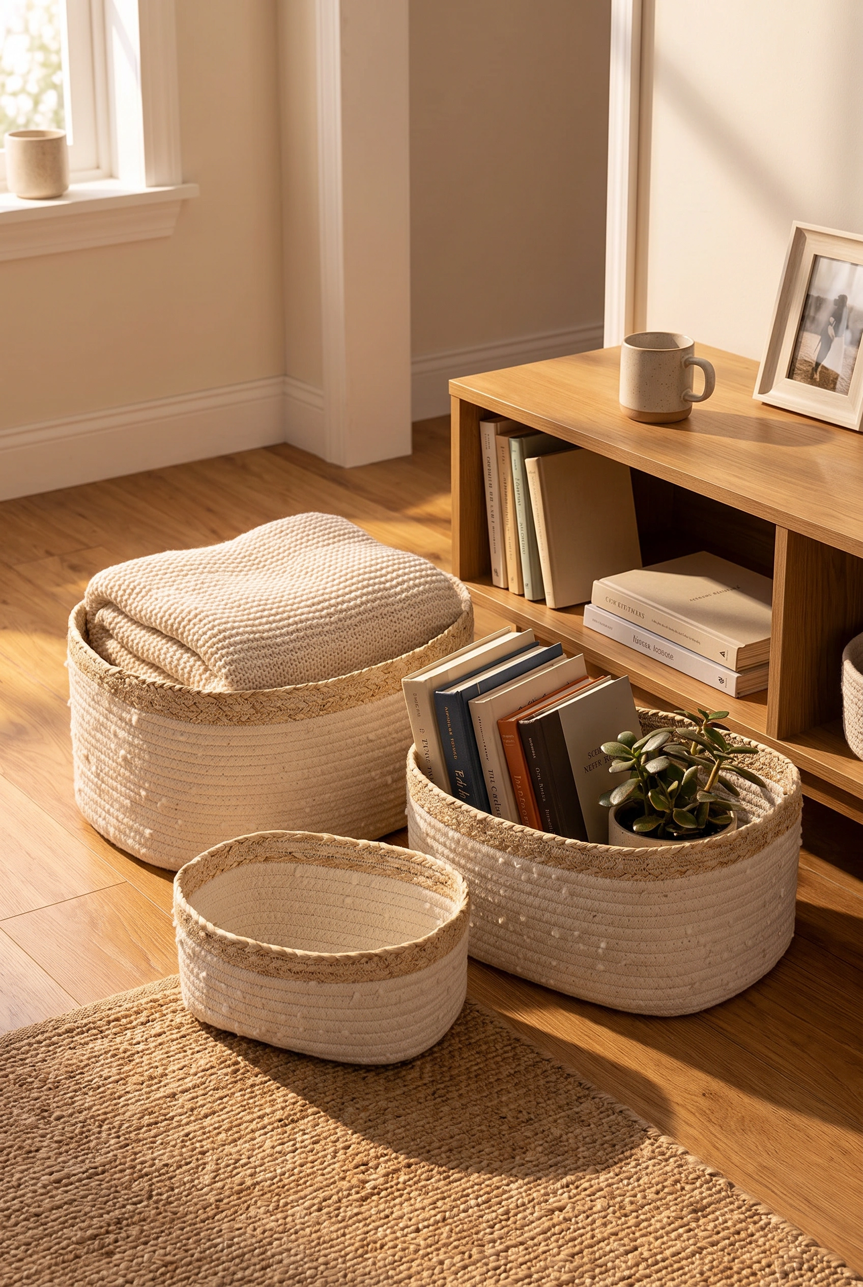Three woven cotton rope storage baskets holding blankets and books beside a shelf