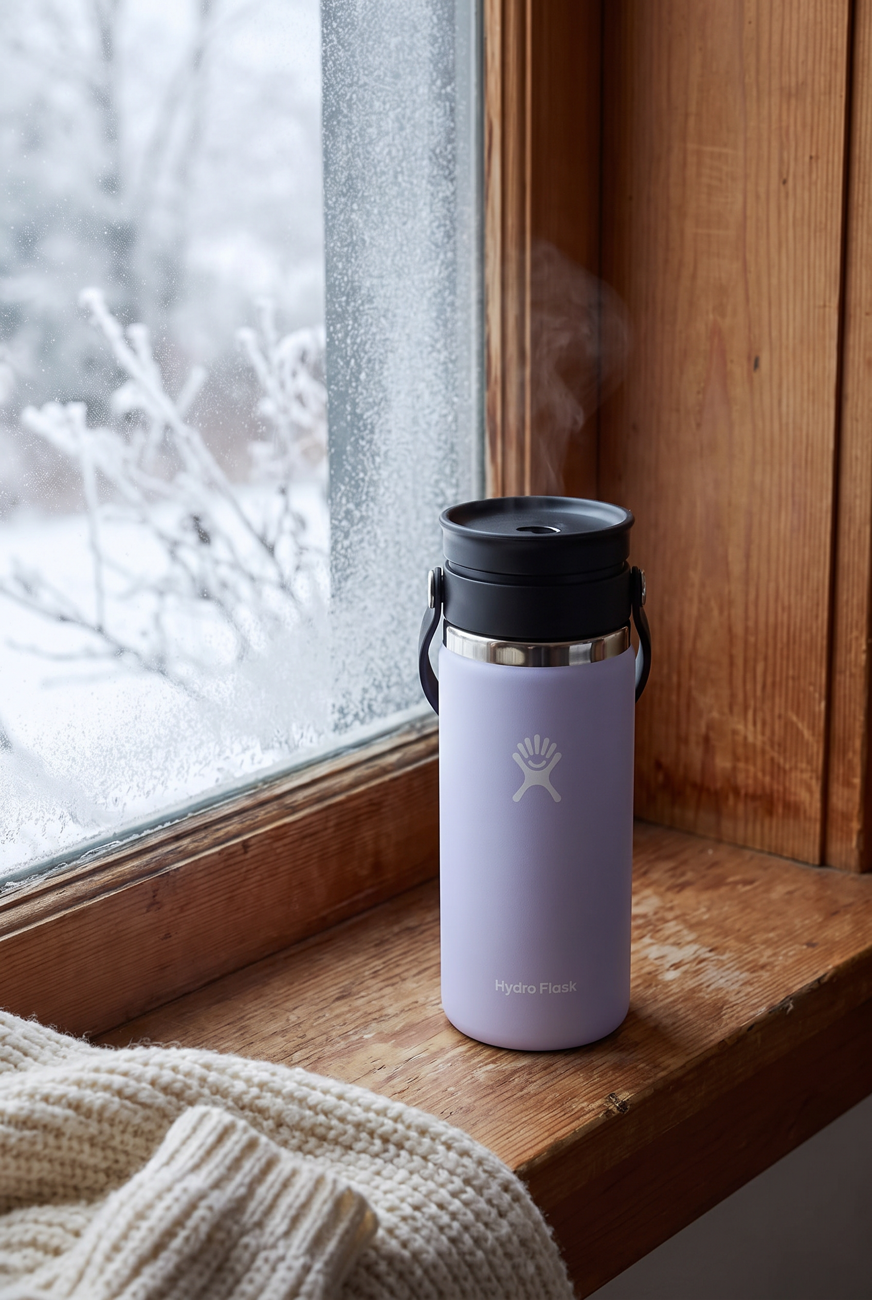 Insulated stainless steel travel mug steaming on a windowsill with frost on the window behind