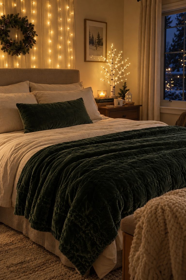 Cozy small Christmas bedroom with warm curtain lights behind the bed, a green velvet quilt and a lighted birch tree on the nightstand