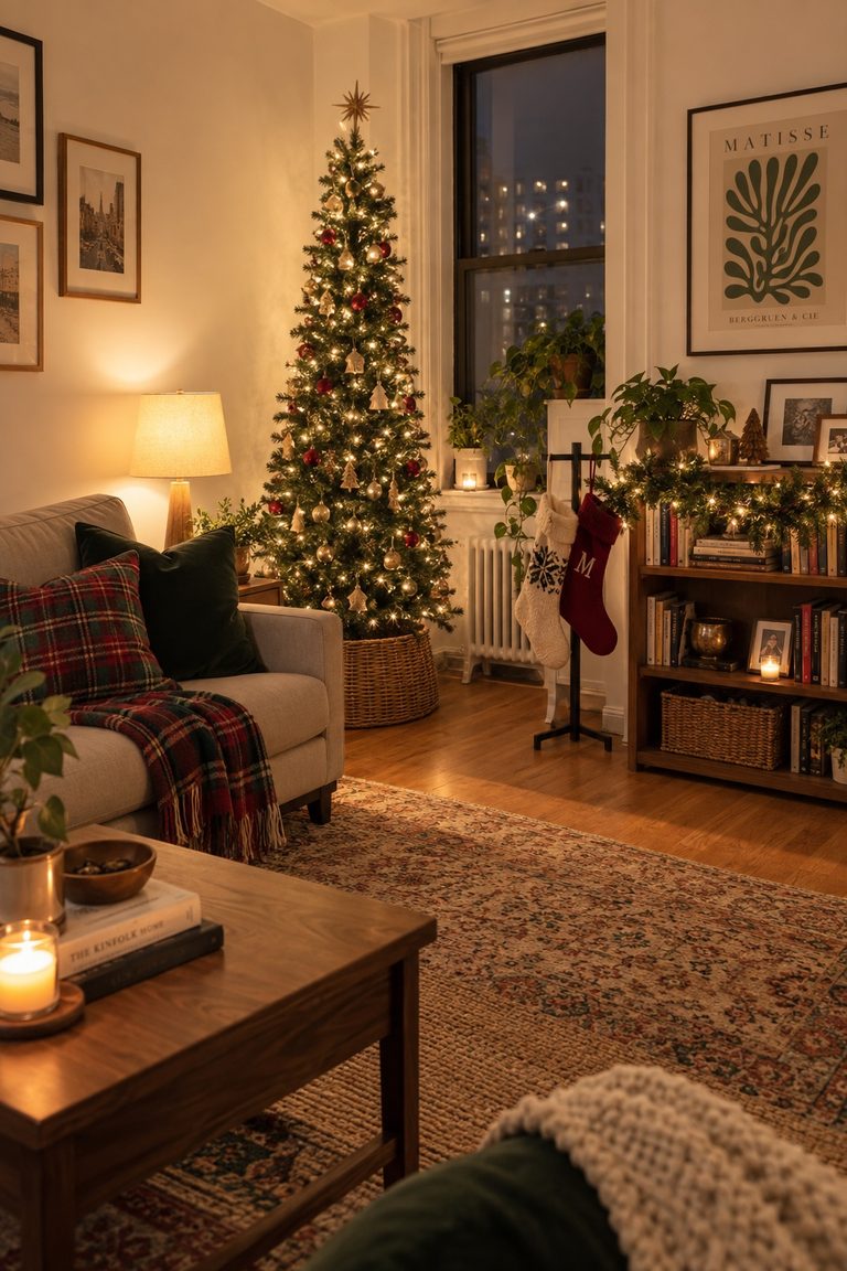 Small apartment living room at Christmas with a slim lit tree in the corner, plaid throw and garland on a bookshelf