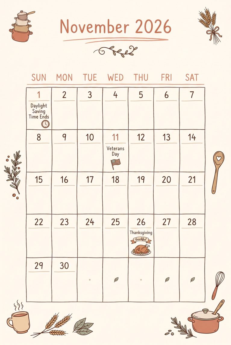 5 Free November 2026 Printable Calendars in Warm Seasonal Styles